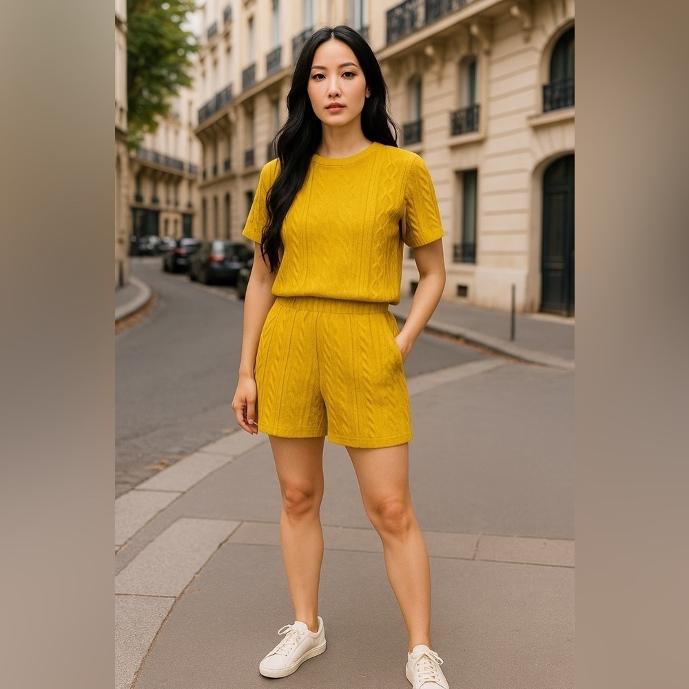 Top and Shorts Set Women Size Medium Mustard Yellow Knitted Cropped High Waisted